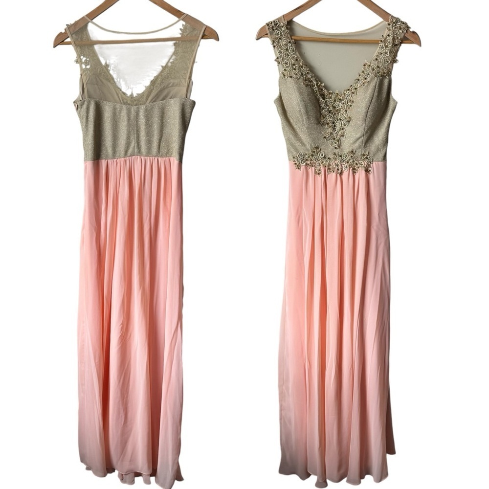 La Donatella Coral Chiffon Beaded Sheer Sleeveless Formal Maxi Dress Women's S